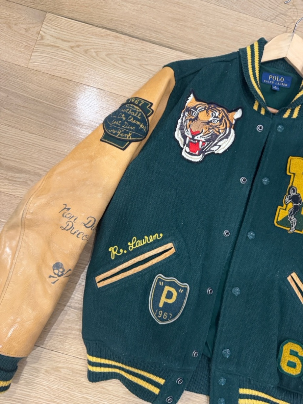 Polo by Ralph Lauren Dark Green & Tan Leather-Sleeve Varsity Jacket - Picture 3 of 5